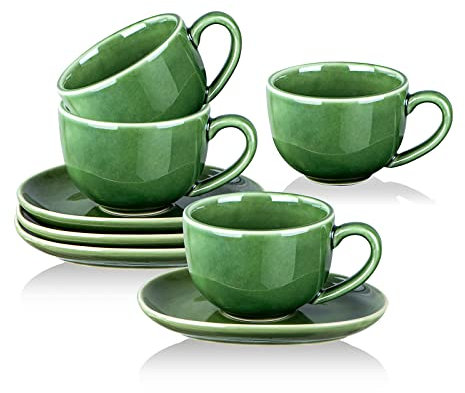 vicrays Juego de 4 tazas de capuchino de 6.5 onzas con platillos, taza de café de cerámica para Au Lait, doble tiro, café con leche, café moca, té (verde)