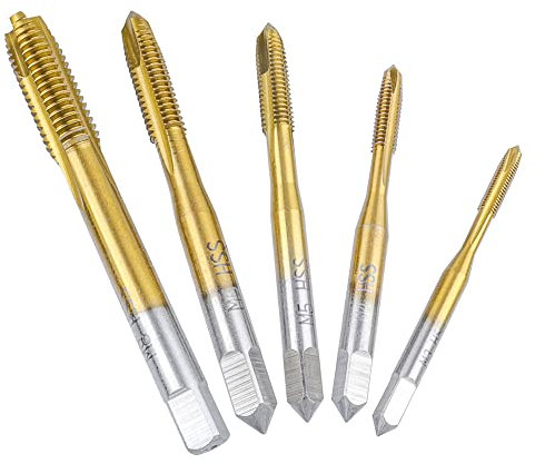 Mesee 5 Pieces Titanium Coated HSS Spiral Point Tap Set Thread Machine Taps Drill Bits M3 M4 M5 M6 M8 Metric Screw Thread Tapping Tool