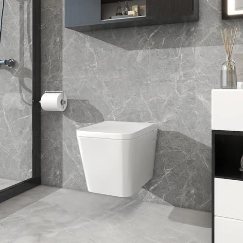 Robanmoa Wall Hung Toilet Modern Square Toilet Pan Bathroom WC, White Ceramic Short Projection Wall Mounted Toilets & Soft Close Seat Quick Release Compact Toilets WC
