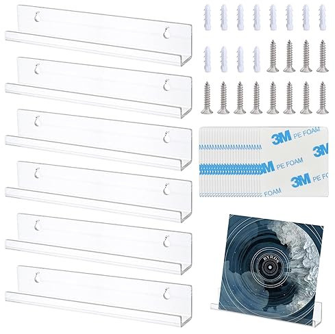 6 Stück Schallplatten Wandhalterung Platten Regal, Acryl Schallplatten Regal Mit Wandschrauben, 30,5 X 4,3 X 4,3cm Schallplattenständer, Schallplattenregal Acryl Album Plattenhalter Wand für CD Fotos