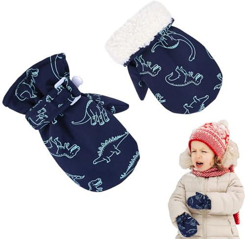 DWE Kids Winter Gloves, Cute Dinosaur Warm Waterproof Kids Ski Gloves Fleece Lined Thermal Infant Toddler Snow Gloves Mittens for Boys Girls Skiing Snowboarding Running Sports (Navy, S: 6-24 Months)