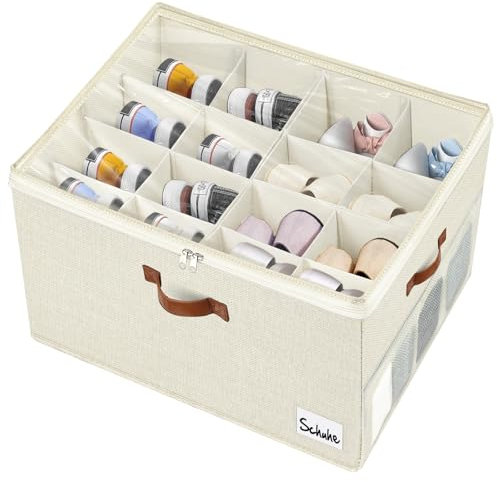 Schuhaufbewahrung mit Deckel, Verstellbare Trennwände Schuhorganizer mit 16 Fächern Faltbar Schuhschrank mit Sichtfenster für Flache Socke Schuhe, Turnschuhe, Hausschuhe (43x43x33cm)