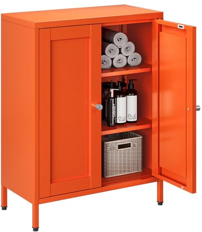 Bevivog Small Bathroom Storage Cabinet, Orange Metal Locker with 2 Doors and 2 Adjustable Shelves, Small Locker Cabinet Sideboard for Home Office, Living Room, Hallway, Entryway