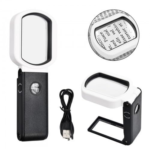 Lupe mit Licht und Ständer 25 Fach 10 Fach, Faltbare Handlupe mit Licht, Faltbare Leselupe mit 9 LED-Licht, Beleuchtete Lupe mit Ständer für Senioren, Lesen, Uhrenreparatur
