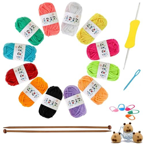 21 Piece Set Knitting Kits,12 Colours Yarn & 2 Bamboo Knitting Needles, Knitting Starter Kit for Adults, Knitting Set, Dishcloth Knitting Kit Craft Knitting for Beginners Kit for Handcrafts Arts