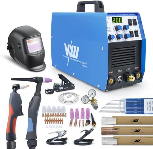 VECTOR WELDING TIG TIG200P - Soldadora de plasma CA/CC 200 A + 50 A, incluye casco, pedal y accesorios, soldadura de aluminio, función de pulso, avance/post-gas