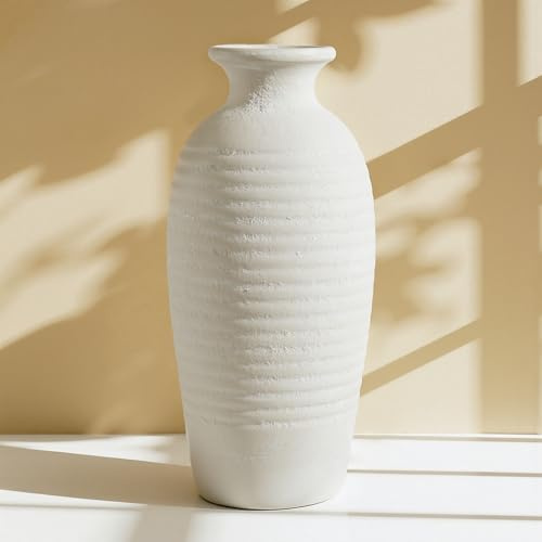 Rustic Ceramic Threaded White Vase, 14.4 H Tall Vases for Centerpieces,Handmade Large Decorative Vase for Living Room Decor,Vintage Farmhouse Pottery Flower Vase for Entryway Fireplace|Off-White