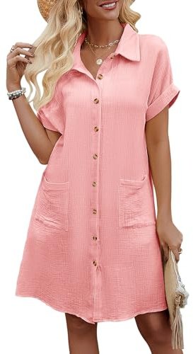 Niwicee Womens Summer Dresses V Neck Short Sleeve Shirt Dress Casual Button Down Short Cotton Dresses T-Shirts Dress Beach Cover Up Dress with Pockets for Holiday Beach Daily(Pink,M)