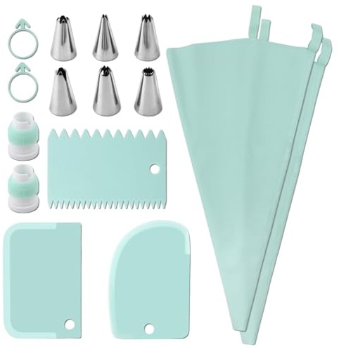 Set di sac à poche e punte, kit di accessori per la decorazione di torte con 2 sac à poche in silicone, 6 beccucci per tubazioni, 3 raschietti per torte, 2 accoppiatori, 2 fascette per sacchetti
