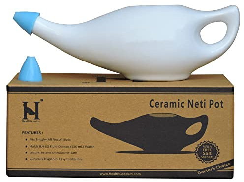 Ceramic Neti Pot Premium Handcrafted, Nose Cleaner for Sinus Dishwasher Safe with 2 Silicone Nozzle Tip, 225 Ml Capacity - White Color