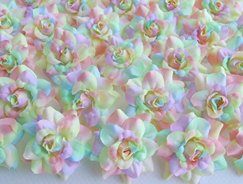 ICRAFY (50) Silk Rainbow Pastel Tones Roses Flower Head - 1.75 - Artificial Flowers Heads Fabric Floral Supplies Wholesale Lot for Wedding Flowers Accessories Make Bridal Hair Clips Headbands Dress