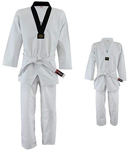 TWISTER FIGHT WEAR Taekwondo Uniform, 8oz Poly/Cotton, White Belt Included (BLACK-V, 5)