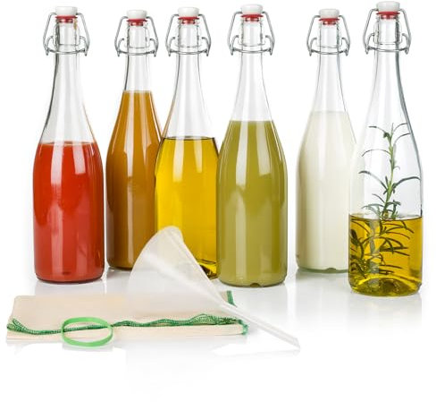 myFERMENTS Set 6 Botellas 750ml Cristal con Cierre Hermético | Kit Fermentación Grolsch Botella Reutilizable | Incluye Embudo 10cm, Muselina 50x50cm | Agua, Zumos, Cerveza, Kombucha, Aceites