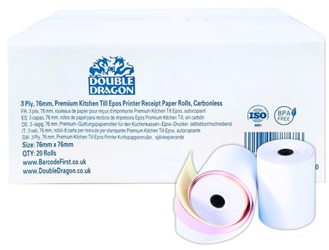 Double Dragon 76 x 76 mm, 3-Ply Carbonless Paper Roll for Kitchen, Printing Calculator, Non-Thermal Till POS Receipt & Dot Matrix Impact Machines | 20 Rolls