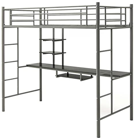 Multigot Bunk Bed with Desk, 2-Side Ladder Single Loft Bed with Open Shelves and Safety Guardrail, Metal Frame High Sleeper for Kids Teenagers Adults (Silvery Grey)