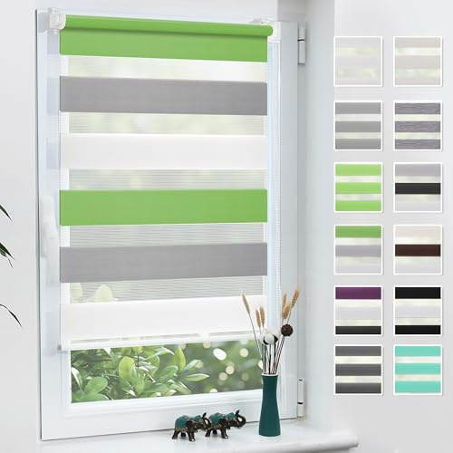 Grandekor Doppelrollo Klemmfix ohne Bohren 60x110cm Stoffbreite 60cm Grün-Grau-Weiß Fenster Rollos für innen Klemmrollos Duo Rollos für Fenster ohne Bohren Privatschutz UV-Schutz Zebrarollo