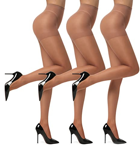 EVERSWE 3 Pairs Women's Sheer Pantyhose 20D, High Waist Control Top Pantyhose Hosiery (Brown, XL)