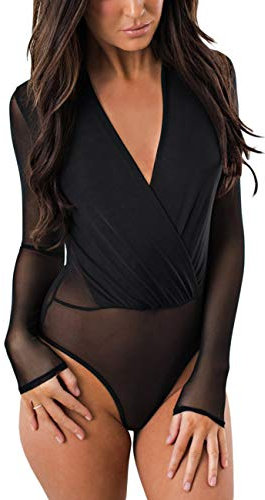 MAYFASEY Women Sexy V Neck Mesh Bodysuit Long Sleeve Sheer Leotard Jumpsuit Top, Black, S