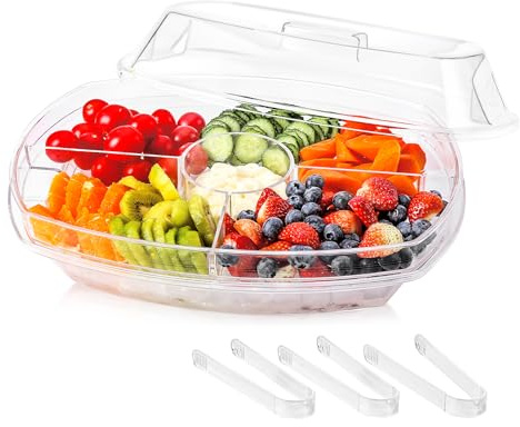 IVYHOME Bandeja para servir hielo de frutas, bandeja de verduras fría, plato de cóctel de camarones, plato de servir aperitivos para fiestas, con tapa y 4 compartimentos