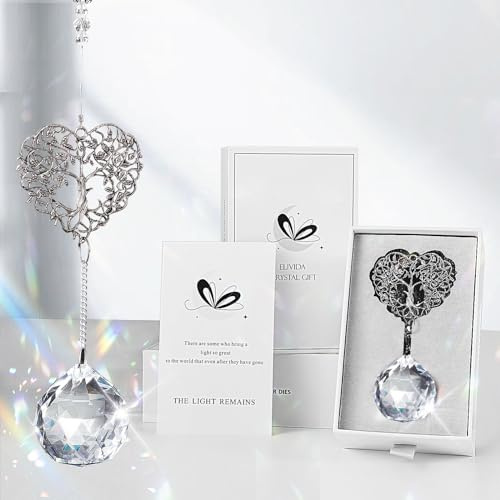 Elivida Modern Sympathy Gift for Loss of Mom - Tree Life Heart Design Memorial Hanging Ornament with 40mm Clear Crystal Ball Rainbow Maker, Bereavement Gift Idea for Women