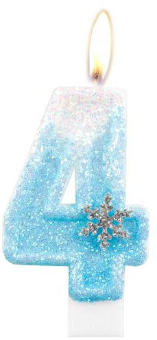 Geburtstagskerzen, glitzernde Zahlenkerze zum 4. Geburtstag, Schneeflocke, Zahl 4, Kerzen für Kuchen, blau-weiße Eiskönigin Kuchen-Kerzen, Toppers für Mädchen, Geburtstagsdekorationen, Partyzubehör