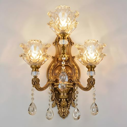 WayLuoung Vintage Blommig Väggmonterad Lampa 3 Huvud Kristallglas Skärm Vägglampa Ljus Retro Gyllene Brons Färg Dekoration Metall Vägglampa, Sängbord Vardagsrum Restaurang(E14 Sockel, Ingen Glödlampa)
