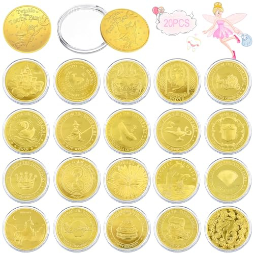 VEEKAY tandfasmynt, 20 stycken tandad fe guldtalare med olika mönster, tand fairy coins,tandfe-gåva, guldmynt barn, tandste-gåva, förlorade tandpresenter souvenir för flickor pojkar