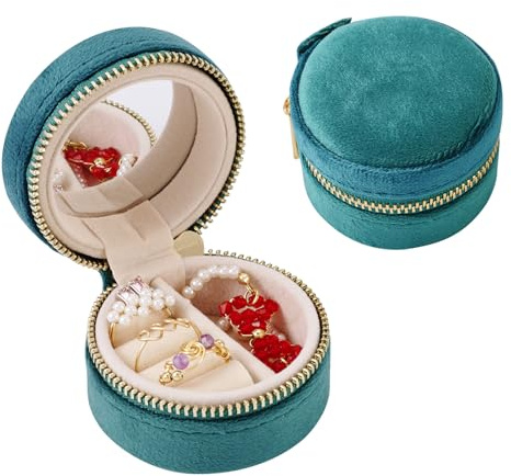 Sparkeads Étui à bijoux de voyage en velours vert foncé - 62 mm - Boîte de rangement ronde avec miroir pour bagues, bracelets, colliers, boucles d'oreilles, accessoires ras du cou