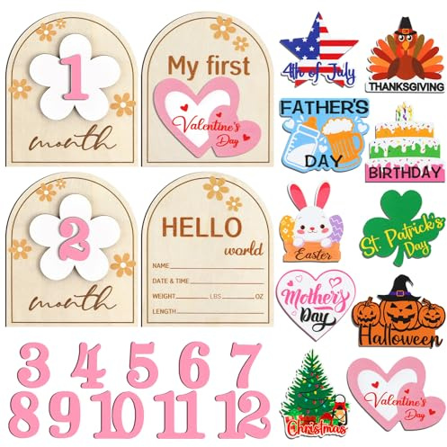 Vercraft 23 Pcs Baby Monthly Milestone Cards My First Holiday Wood Milestone Signs First St. Patrick's Day Easter Interchangeable Number Set Baby Announcement Wood Discs for Newborn Growth Record