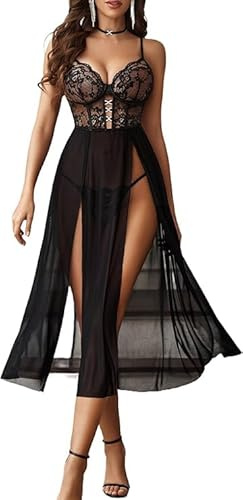 Avidlove underkläder dam sexiga underkläder set spets underkläder nät babydoll | V-ringning, långa nattkläder, slitsat, mjukt nättyg, julnattlinne, alla hjärtans dag, festivaloutfit