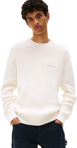 Tommy Jeans Jersey Hombre Script Chunky Jersey de Punto, Marfil (Ancient White), L