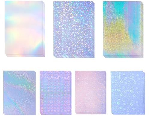 wenrescry 21 Hojas Holográficas A4 Autoadhesivas, Lámina de Vinilo Transparente, Impermeable, 7 Diseños para Manualidades, Ventanas, Decoración, Scrapbooking