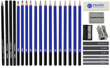 JIAHG 12 Crayons à Esquisse 8B/6B/5B/4B/3B/2B/B/HB/5H/4H/3H/2H, 3 Crayons à Charbon Tendre + Modéré + Dur, 3 Mine + Graphite 6B, 3 Fusains Carré Noir, Mini Taille-Crayon, Gomme à Effacer