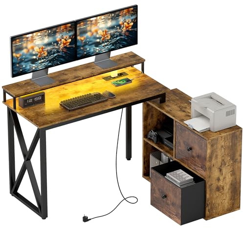 HOMCOM Escritorio Esquinero con Luces LED Escritorio en Forma de L con Estación de Carga 2 Compartimentos 2 Cajones de Tela Soporte para Monitor para Oficina en Casa Marrón Rústico