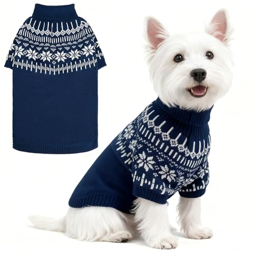 EXPAWLORER Turtleneck Dog Jumper - Knitted Dog Clothes in Fair Isle Snowflake Patterns, Warm Comfortable Puppy Jumper Pet Sweater with Sleeves, Winter Pet Outfit Pullover for Dogs Cats, Blue Medium