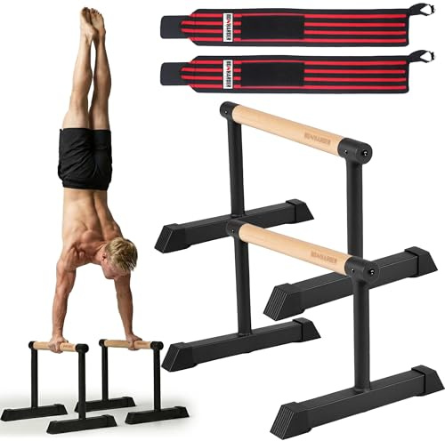 PRO Parallettes Bars for Calisthenics with Wooden Beech Handles | Wrist Support Wrap Included | Heavy-Duty Steel Base | Push-Up, L-Sit, Planche & Handstand Training Bars for Home, Outdoor & Gym Use