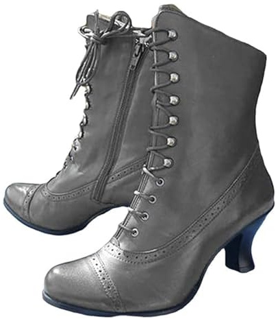Lace Up Ankle Boots for Women Wide Fit Gothic Steampunk Boots Ladies High Heels Victorian Booties Outdoor Round Toe Stiletto Heel Short Boot Fashion Retro Shoes Grey