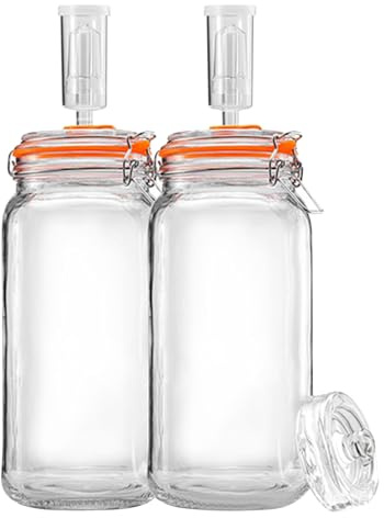Tarros de fermentación de 64 onzas, paquete de 2 tarros de fermentación de vidrio con pesos y cerraduras de aire, tarro de inicio de masa madre para encurtidos de chucrut, kombucha y kimchi