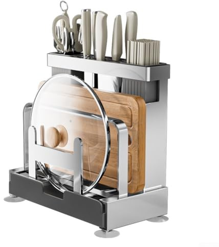 Étagère de cuisine en acier inoxydable avec tapis antidérapant et plateau de vidange amovible pour couverts, planche à découper et couvercle de casserole, aucune installation nécessaire (acier