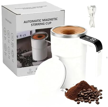 Automatic Self Stirring Coffee Mug, Electric Mixing Cup with Magnetic Stirrer, Rechargeable Mixer Cup with Temperature Display, Portable Stirring Mugs for Coffee, Milk, Cocoa (White)