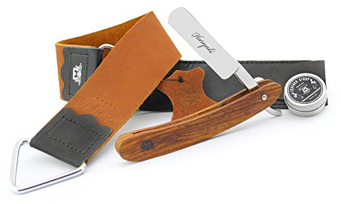 Haryali London Kit de rasoir à gorge coupée - 3 pièces en bois - Kit de rasoir droit - Rasoir à gorge coupée - Strop d'affûtage de rasoir - Composé d'affûtage