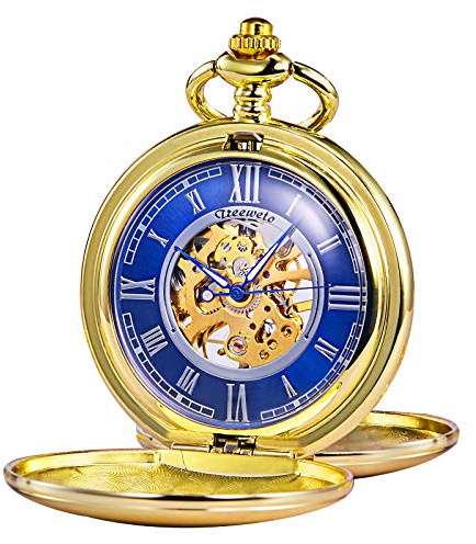 TREEWETO Orologio da tasca – Serie liscia doppia cassa scheletro quadrante blu movimento meccanico con catena, argento/oro, Oro, Classico