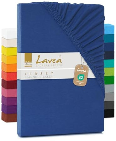 Lavea Spannbettlaken 90x200cm-100x200 - aus atmungsaktiver Baumwolle - Passgenau für Standardmatratzen bis 20cm - Royalblaues Bettlaken mit Gummizug - Jersey Spannbetttuch 90x200cm-100x200