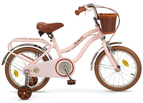 Toimsa - Bicicleta para Niños con Ruedines - Ruedas Hinchables 16 Pulgadas - Diseño Vintage Rosa - Sillin Regulable, Limitador Giro Manillar, Cesta Delantera y Portaequipajes - Bici Infantil +5 años