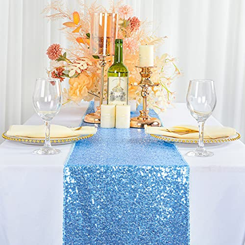 ShinyBeauty Baby Blue Table Runner 2 Pack 12''X108'' Sequin Table Runner Sequence Light Blue Table Runners 108 Inches Sparkle Party Table Runner Wedding Decor