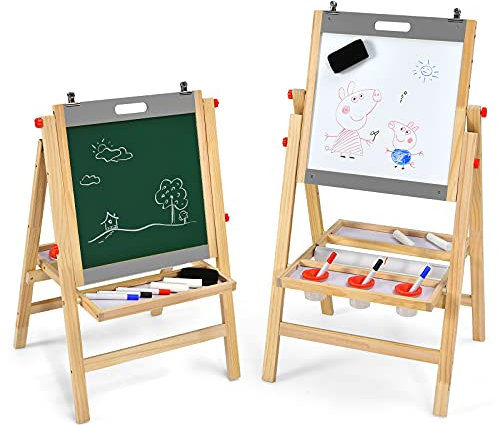 COSTWAY 3 in 1 Kinder Staffelei aus Kieferholz doppelseitig, Whiteboard & Kreidetafel & Zeichenpapier höhenverstellbar/klappbar, Kindertafel mit Ablage und Zubehör (Grau)