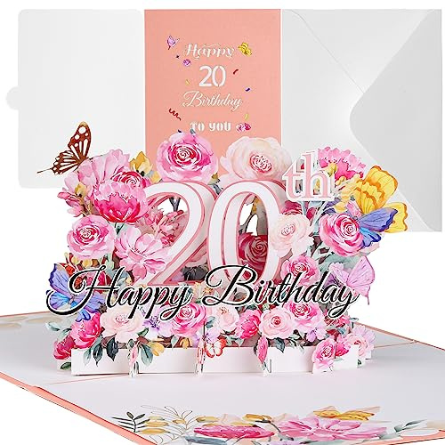20. Födelsedagskort 3D popup-kort födelsedag gratulationskort dekoration 20. Födelsedagskort med kuvert kort till 20-årsdagen Bröllopsdag födelsedag för kvinnor män flickor pojke romantik presentkort