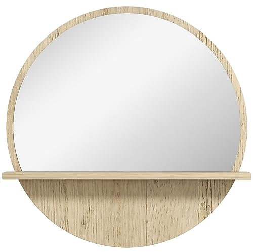kleankin Specchio Bagno Rotondo in Truciolato e Vetro con Ripiano Portaoggetti e 2 Ganci Posteriori di Fissaggio, Ø45x10 cm, color Legno