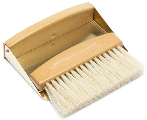 Navaris Set Escoba Pequeña y Recogedor de Mano - Juego de Cepillo Pequeño con Mango de Madera y Pala de Metal para Mesa - Recogedor Recoge Migas de Pan y Sobras - Color Dorado