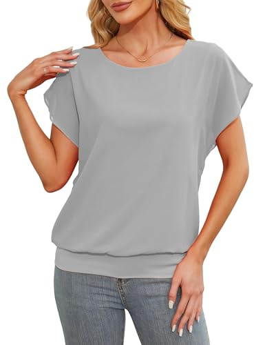 Anelune Ladies Tops Short Sleeve Tops Summer Chiffon Blouse Loose Casual Batwing Sleeve Tops for Women UK Grey X-Large